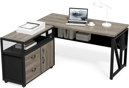 LITTLE TREE 55" Executive Computer Desk and Lateral File Cabinet, L-Shaped Office Desk for Home Office, Furniture Set, Grey