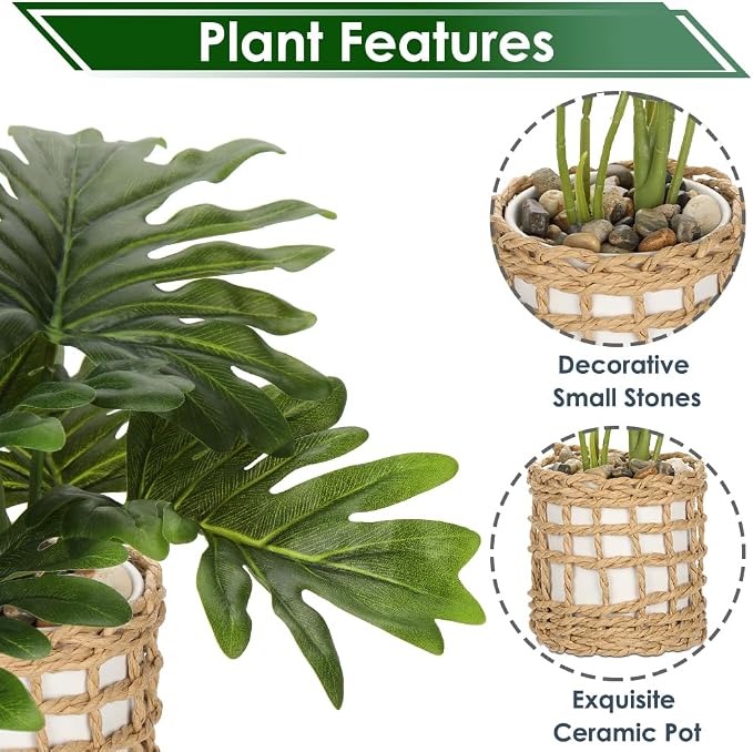 Briful Fake Plants Potted Monstera Plant Artificial Realistic Houseplant in White Ceramic Vase Wrapped Woven Pot, Faux Plant Indoor for Home Farmhouse Wedding Tabletop Shelf Decor
