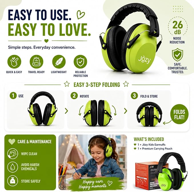 Jozy Noise Canceling Headphones for Kids, SNR 26dB Ear Protection for Autism, Sound Proof Sensory Muffs for Hearing, Concerts