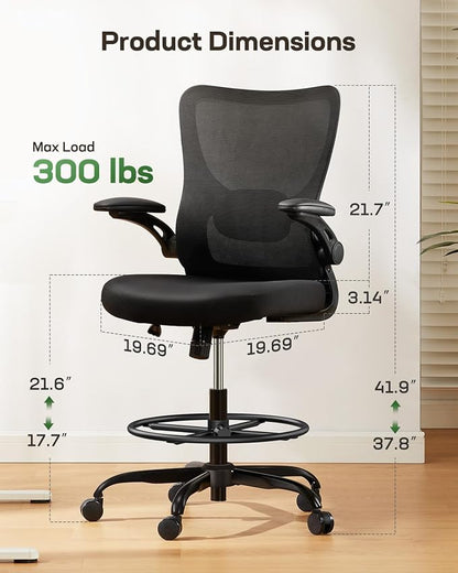 Marsail Drafting Chair, Tall Office Chair with 2D Lumbar Support, Standing Desk Chair with Padded Flip-Up Armrests & Adjustable Footrest Ring, Black,Pack of 10