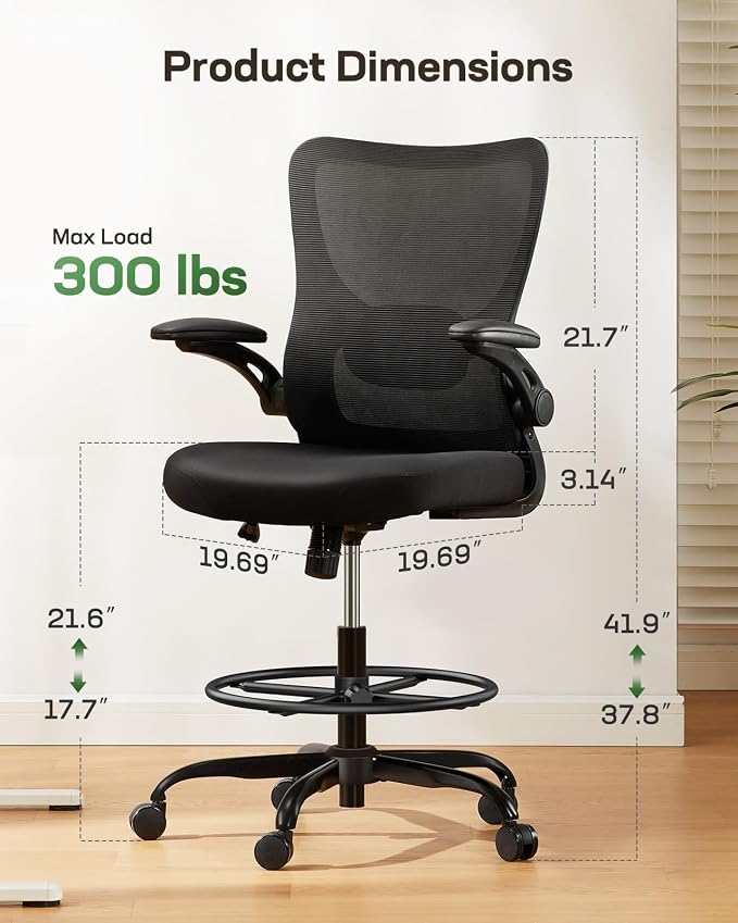 Marsail Drafting Chair, Tall Office Chair with 2D Lumbar Support, Standing Desk Chair with Padded Flip-Up Armrests & Adjustable Footrest Ring, Black,Pack of 2