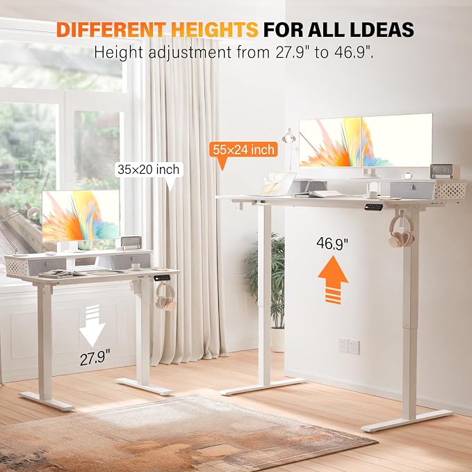 Electric Standing Desk with Two Drawers,55 x 24 Inch Sit Stand Desk Adjustable Height, Stand Up Desk with Storage Shelf, Computer Workstation for Home Office, White