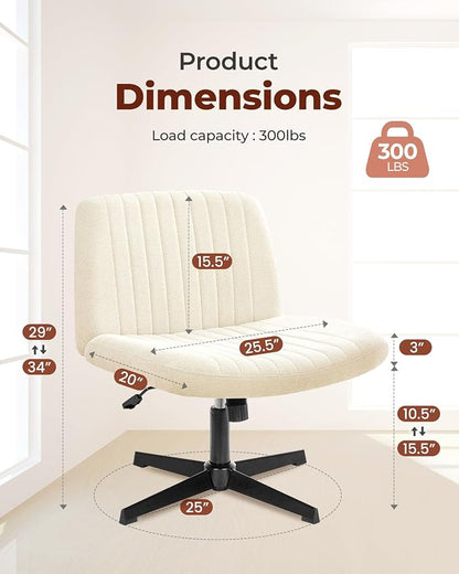NEO Chair Criss Cross Chair No Wheels, Armless Cross Legged Office Desk Chair, Vanity Makeup Fabric Computer Comfy Adjustable Swivel Ergonomic Living Bedroom for Home Office (Fabric Beige)