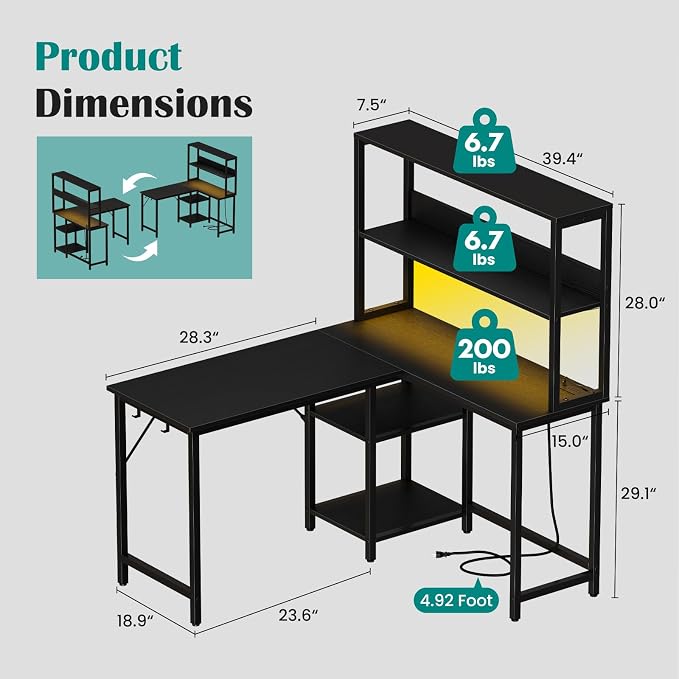 OLIXIS 43 in L Shaped Desk Computer Gaming Desk with Power Outlets & LED Lights, Reversible Corner Home Office Table with Adjustable Shelf & CPU Stand, Black