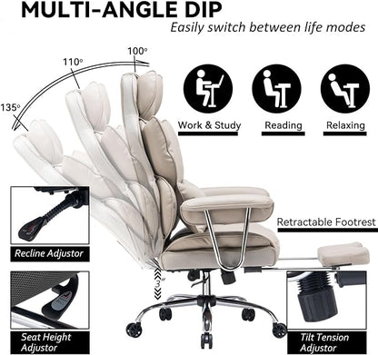 Efomao Big and Tall Office Chair, 400lbs Heavy Duty High Back Executive Chair with 23.6" Extra Wide Seat, PU Leather Desk Chair with Footrest and Padded Armrests, Grey