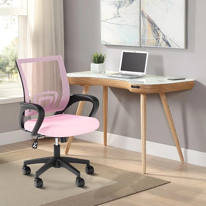 Office Chair, Ergonomic Mid-Back Mesh Desk Chair, 6 Pack, Pink | Lumbar Support, Adjustable Height, Rolling Wheels Design, Comfy Armrest, For Work, Study, Gaming