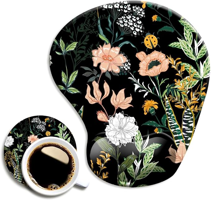 Dooke Ergonomic Mouse Pad with Wrist Support, Cute Mouse Pads with Non-Slip PU Base for Home Office Working Studying Easy Typing & Pain Relief Black Floral