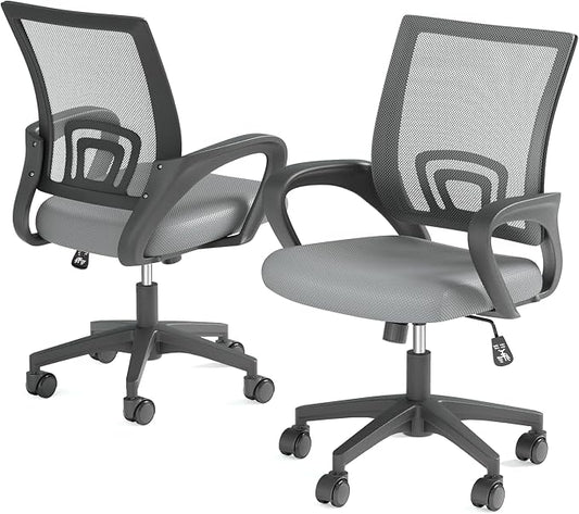Office Chair, Ergonomic Mid-Back Mesh Desk Chair with Lumbar Support, Adjustable Height Computer Chair with Rolling Wheels Design,Comfy Armrest for Work, Study, Gaming, 2 Pack, Light Gray