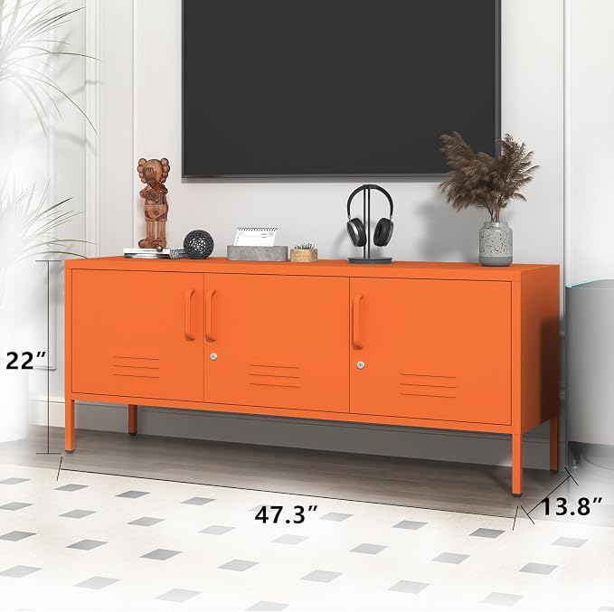 Metal Storage Cabinet with Adjustable Shelves, Wide Lockable TV Stand, Multipurpose Accent Cabinet, Orange Colorful Locker for Home Office Living Room, 22" H x 47.3" x 13.8" D