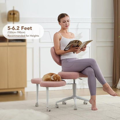 Cross Legged Office Chair, 360° Swivel Yoga Meditation Chair, Ergonomic Height Adjustable ADHD Criss Cross Office Chair with Wheels, Lumbar Support for Home Office, Pink