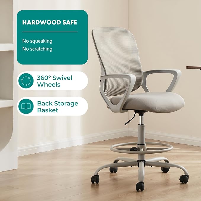 DUMOS Ergonomic Drafting Chair, Tall Office for Standing Desk, Counter with Height Adjustable and Comfortable Lumbar Support, Fixed Armrests, for Bedroom Livingroom, Dove Gray