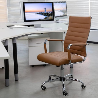 Home Office Chair Ribbed, Modern Leather Conference Room Chairs, Ergonomic Office Desk Chair, High Back Executive Computer Chair, Adjustable Swivel Chair with Arms (Brown)