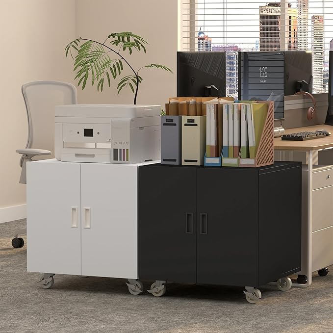 Printer Stand with Storage, Metal Printer Table for Home Office, Heavy Duty Printer Stand with Shelf, Large Table with Wheels for Printers, Mobile Cabinet for Workplace, Fits Fax, Scanner