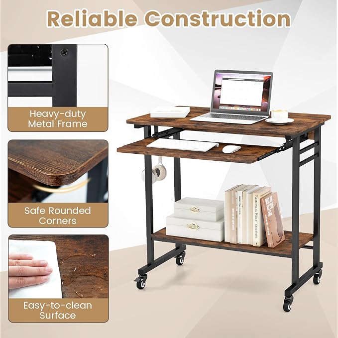Giantex Rolling Computer Desk, Mobile Portable Desk with Keyboard Tray & Wheels, Laptop PC Table Cart with Shelf & Hooks, Industrial Small Desk for Small Spaces, Home Office, Bedroom, Rustic Brown