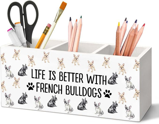 French Bulldog Gifts Dog Pen Holder for Desk, Gifts for Dog Lovers Owners Pencil Organizer, Life is Better with French Bulldogs Wooden Pen Holder Desk Accessories Decor for Home Office