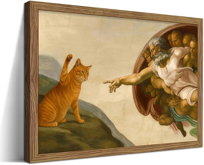 Framed Vintage Cat Canvas Wall Art, Funny Orange Cat Parody Classic Masterpiece Prints, Renaissance-Inspired Animal Artwork, Humorous Wall Decor for Living Room Bedroom Playroom – 8x10 inch