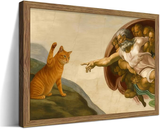 Framed Vintage Cat Canvas Wall Art, Funny Orange Cat Parody Classic Masterpiece Prints, Renaissance-Inspired Animal Artwork, Humorous Wall Decor for Living Room Bedroom Playroom – 8x10 inch