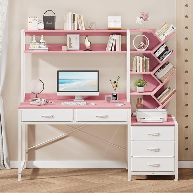 YOMILUVE Reversible Computer Desk with Hutch, Home Office Desk with 5 Drawers and Bookshelf, 52'' Study Writing Desk with Storage Shelves for Bedroom Home Office, Pink