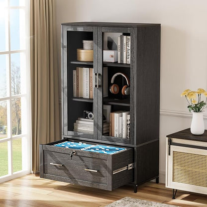 VINGLI Lateral File Cabinet with Glass Doors and Locking Drawer for Hanging File Folders, Bookshelf with Adjustable Shelves for Home Office (Black, 30''W x 16''D x 55''H)