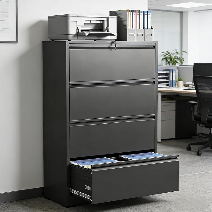 4 Drawer Lateral File Cabinet with Lock, Metal Lateral Filing Cabinet for Home Office, Steel Wide Horizontal Filing Cabinets for Letter/Legal/A4/F4 Hanging Files (Black)