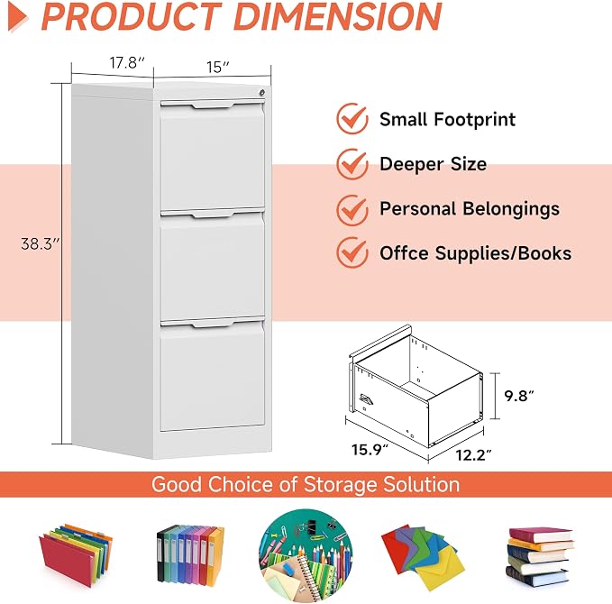 3 Drawer File Cabinet with Lock,Vertical Filing Cabinets for Home Office,Heavy Duty Metal File Cabinet for Hanging A4/Letter/Legal Size File,Vertical File Cabinet 15" W X 17.8" D X 38.3" H-White