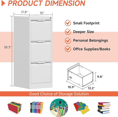 3 Drawer File Cabinet with Lock,Vertical Filing Cabinets for Home Office,Heavy Duty Metal File Cabinet for Hanging A4/Letter/Legal Size File,Vertical File Cabinet 15" W X 17.8" D X 38.3" H-White