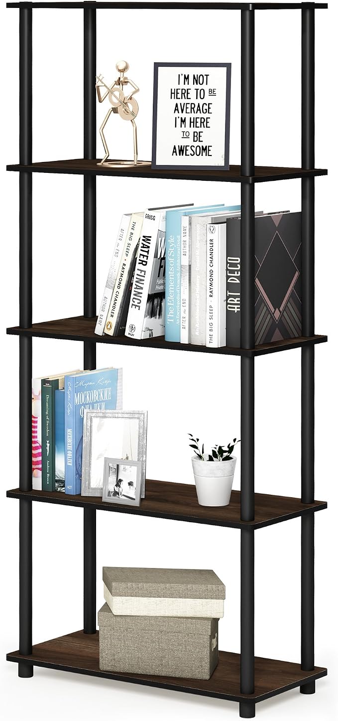 Furinno TURN-N-TUBE Storage Shelves, 5-Tier Book Shelf, Corner Shelf, Toolless Open Shelves, for Organization and Storage, Living Room, Garage, Home Office, Columbia Walnut