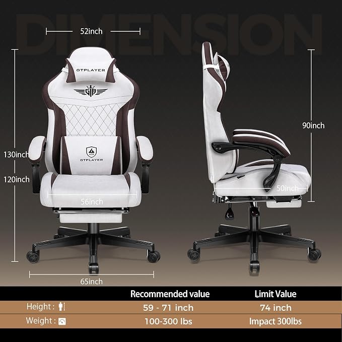GTPLAYER Gaming Chair with Footrest, Big and Tall Game Chair High Back Computer Office Chair with Lumbar Support for Adults, Ergonomic Swivel Games Chair with Cushion Gaming, Fabric Brown