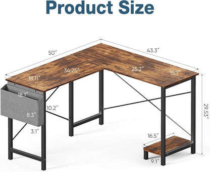 OLIXIS L Shaped Desk, 50-Inch Office Computer Gaming Desks Corner PC Table with Side Bag and Reversible Shelf for Home Work Study Writing Rustic Brown