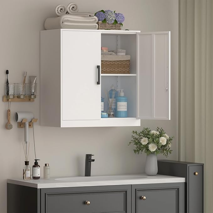 IRONFFICE Wall Cabinet,Lockable Storage Cabinets with Adjustable Shelf,Locking Wall Storage Cabinet with Doors for Laundry Room,Home Office,White