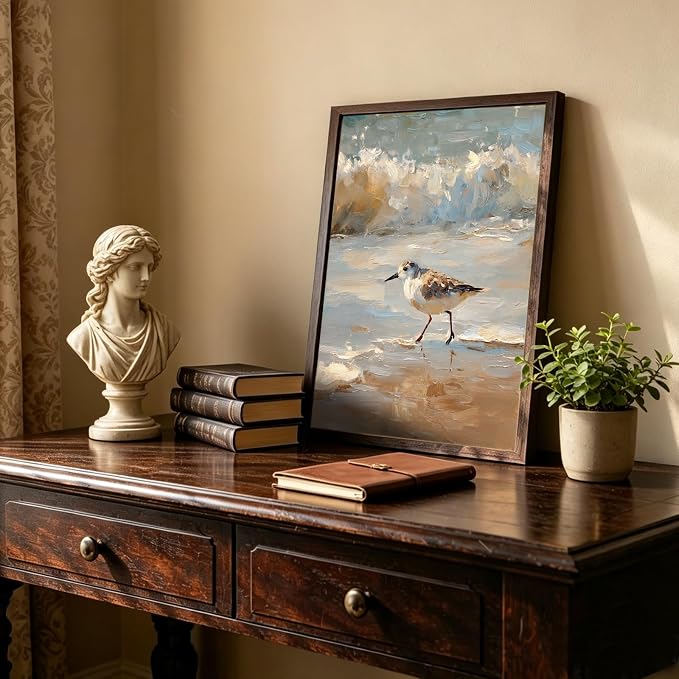 Vintage Framed Coastal Wall Art, Impressionist Sandpiper Bird Canvas Painting, Rustic Beach Ocean Wall Decor for Bathroom Bedroom Beach House 16x24 Inch