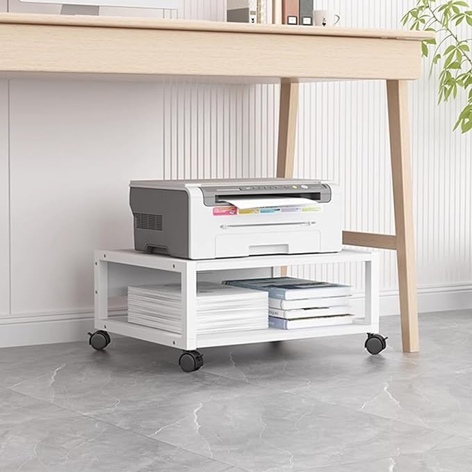 2 Tiers Rolling Under Desk Printer Stand,Office Movable Printer Desk with 4 Wheels & Lock Mechanism,Heavy Duty Storage Rack for Office and Home(Internal Height 10cm(3.9in), White)