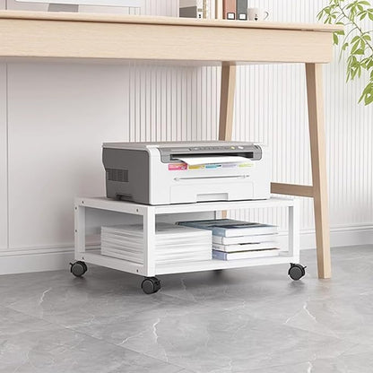 2 Tiers Rolling Under Desk Printer Stand,Office Movable Printer Desk with 4 Wheels & Lock Mechanism,Heavy Duty Storage Rack for Office and Home(Internal Height 10cm(3.9in), White)