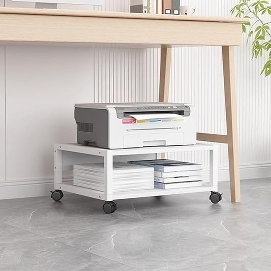 2 Tiers Rolling Under Desk Printer Stand,Office Movable Printer Desk with 4 Wheels & Lock Mechanism,Heavy Duty Storage Rack for Office and Home(Internal Height 10cm(3.9in), White)