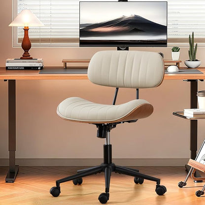 Home Office Chair with Wheels, Adjustable Height Leather Swivel Desk Computer Chair, Armless Modern Walnut Chair for Office, Meeting Room, White