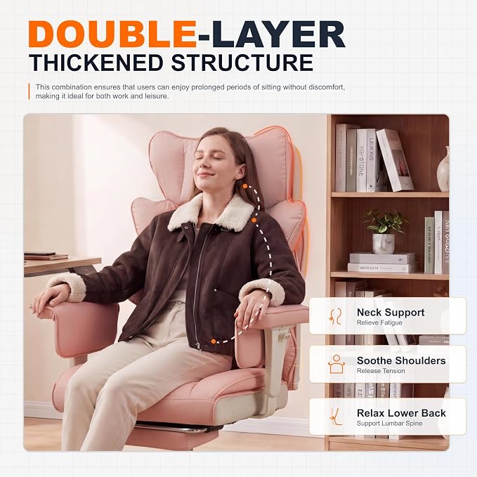 Dowinx Big and Tall Office Chair with Pocket Springs Cushion,High Back Computer Gaming Chairs with Adjustable Armrests,Executive Desk Chairs with Lumbar Support and Footrest,PU Leather-Pink