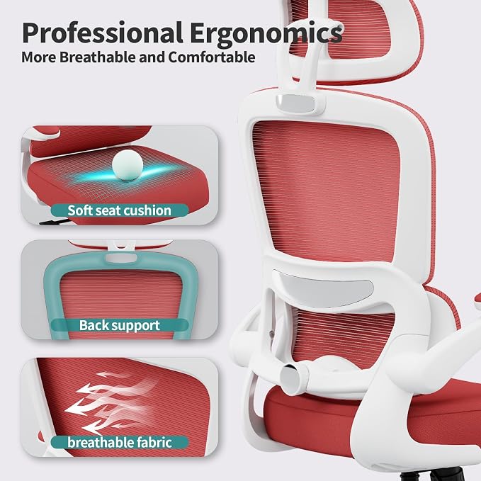 TRALT Office Chair Ergonomic Desk Chair, 330 LBS Home Mesh Office Desk Chairs with Wheels, Comfortable Gaming Chairs (Red)