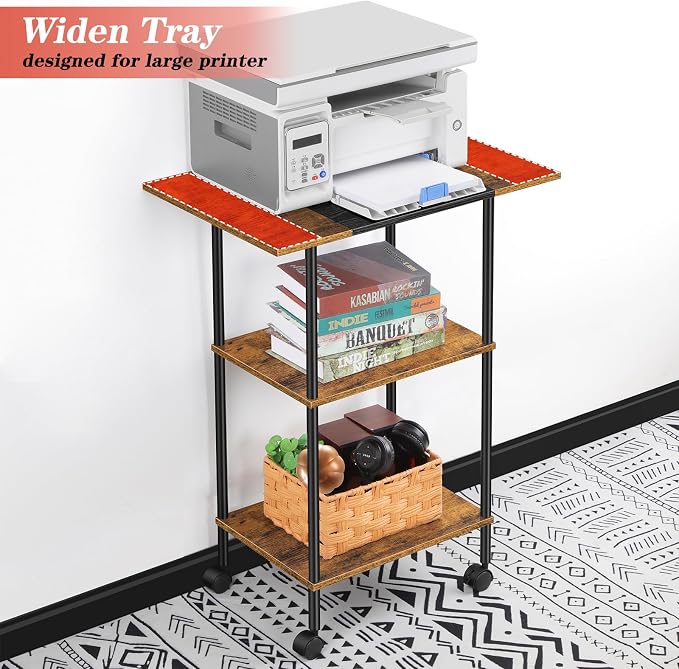 Large Printer Stand with Storage Rolling Printer Cart with Wheels 3 Tier Printer Table with Storage Shelf for Home Office Filing Scanner Fax Machine Heat Press Microwave, Rustic Brown
