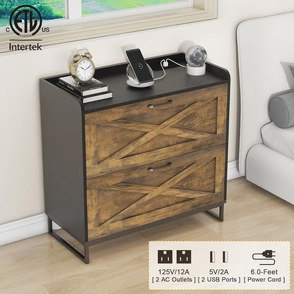Halitaa Lateral File Cabinet with Charging Station, 2 Drawer File Cabinet for Letter/Legal/A4 Size Hanging Files, Large Wood File Storage Cabinets, Rustic Brown and Black