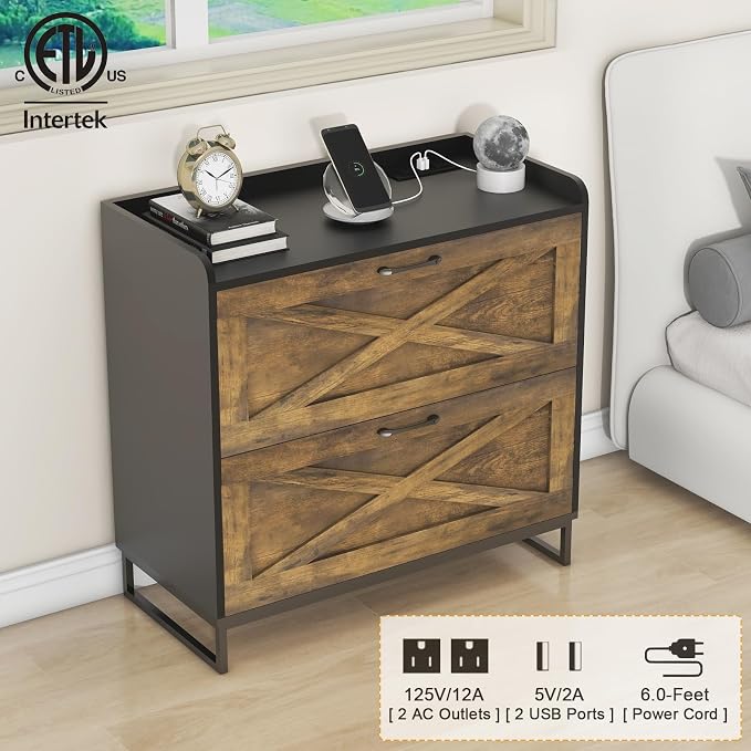 2 Drawer Lateral File Cabinet, Filing Cabinet with Charging Station for Letter/Legal/A4 Size Hanging Files, Modern Farmhouse File Cabinet for Home Office, Printer Stand with Storage, Brown and Black