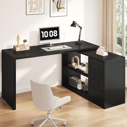 HSH L Shaped Office Desk with Drawers Shelves 55-76 Inch, Corner Computer Desk with Storage 360 Rotating Long for Executive, Work, Study, Writing, Teacher, Bedroom Modern Gaming Table Black