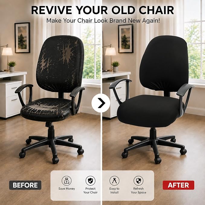 Water-resistant Stretchable Computer Chair Covers - Washable Rotating Backrest and Seat Protectors for Pets - Black