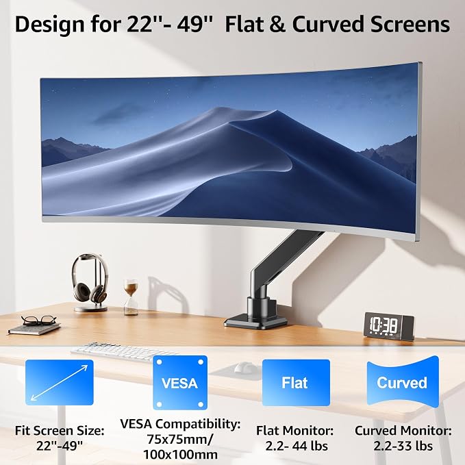 MOUNTUP Heavy Duty Monitor Arm for 49 inches, 44 lbs Curved Screens, Ultrawide Single Monitor Desk Mount, Monitors Stand for Samsung Odyssey G9 and More, VESA Mount with Clamp & Grommet Base