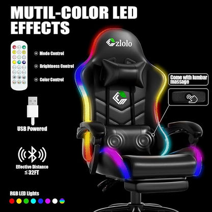 Czlolo Gaming Chair, 2026 Upgraded RGB LED Lights Computer Chair with Footrest, Lumbar Support Massager Gamer Chair, High Back, 90-135° Reclining, Linkage Armrests, Black