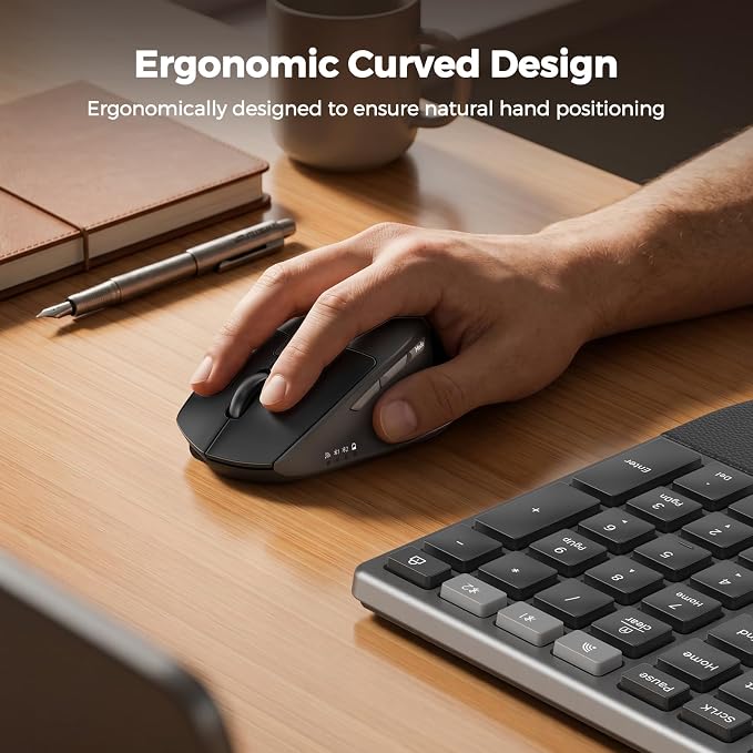 MEETION Ergonomic Keyboard and Mouse Wireless, Split Curved 2.4G & Bluetooth Keyboard Mouse, Full-size Cushioned Palm Rest Keyboard, 4 Adjustable DPI Mouse, Compatible for Windows/Mac/PC/Laptop, Black