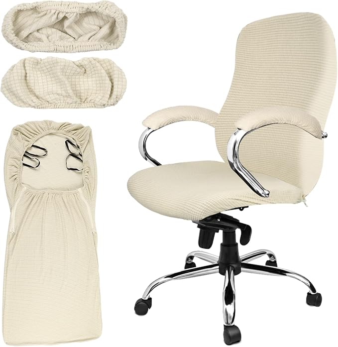 Tatuo 3 Pcs Computer Office Chair Cover Universal Rotating Chair Slipcovers Protector Removable Washable Office Armrest Covers with Zipper for High Back Seat Backrest(L,Waffle,Faint Yellow)