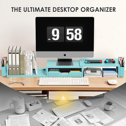 OPNICE Desk Organizers and Accessories, Dual Monitor Stand Riser with Drawer and 2 Pen Holders, Desk Shelf Metal Computer Monitor Stand for Office Workspace Organizers, Desktop Organization (Blue Metal)