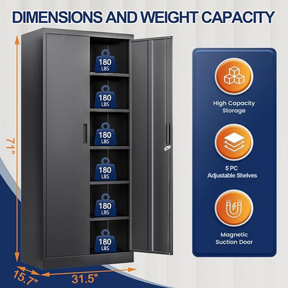BESFUR Metal Storage Cabinet with 2 Doors and 5 Adjustable Shelves Garage Storage Cabinet with Lock 71" Office Storage Cabinets Locking Cabinets for Garage Office Shop Home (Black)