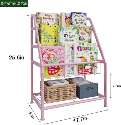 aboxoo Kids Bookshelf Small Toddler Freestanding for Children Room 18 inches Metal Bookcase Toy Organizer Pink Stable Bookcase Bookstore Library Book Unit Storage for Small Place