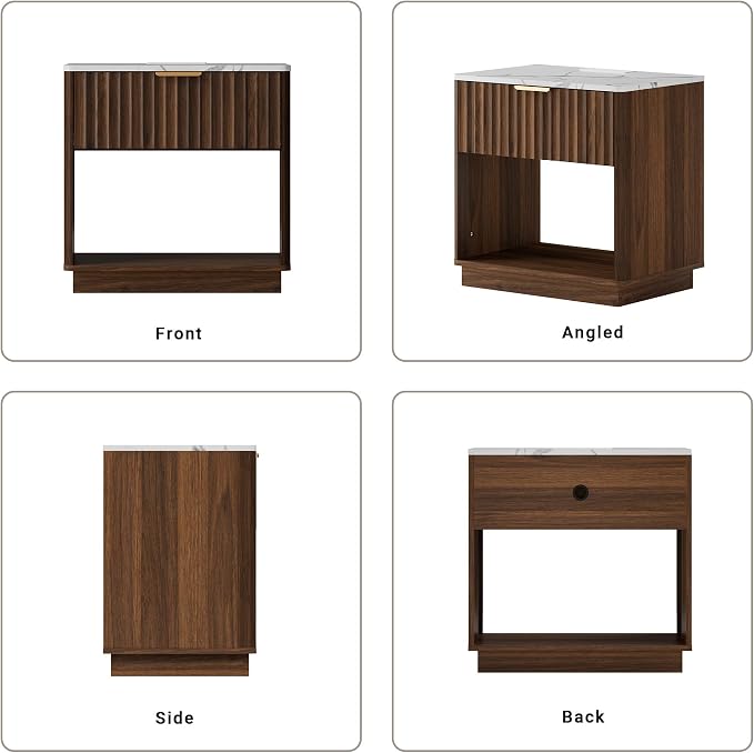 Fluted Nightstand, Large Night Stand, 23" Wide Walnut Nightstand with Faux Marble Top and Charging Station. Modern Ene Table with Drawer, Wooden Bedside Table for Bedroom, Curved Corners